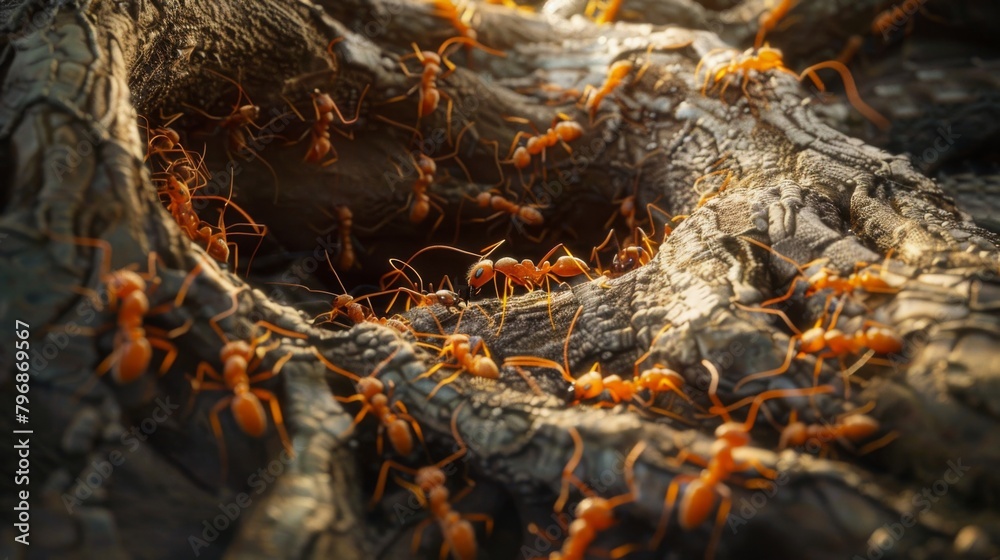 Poster An ant colony emerging from a network of intricate tunnels in the soil, illustrating the hidden world beneath our feet.