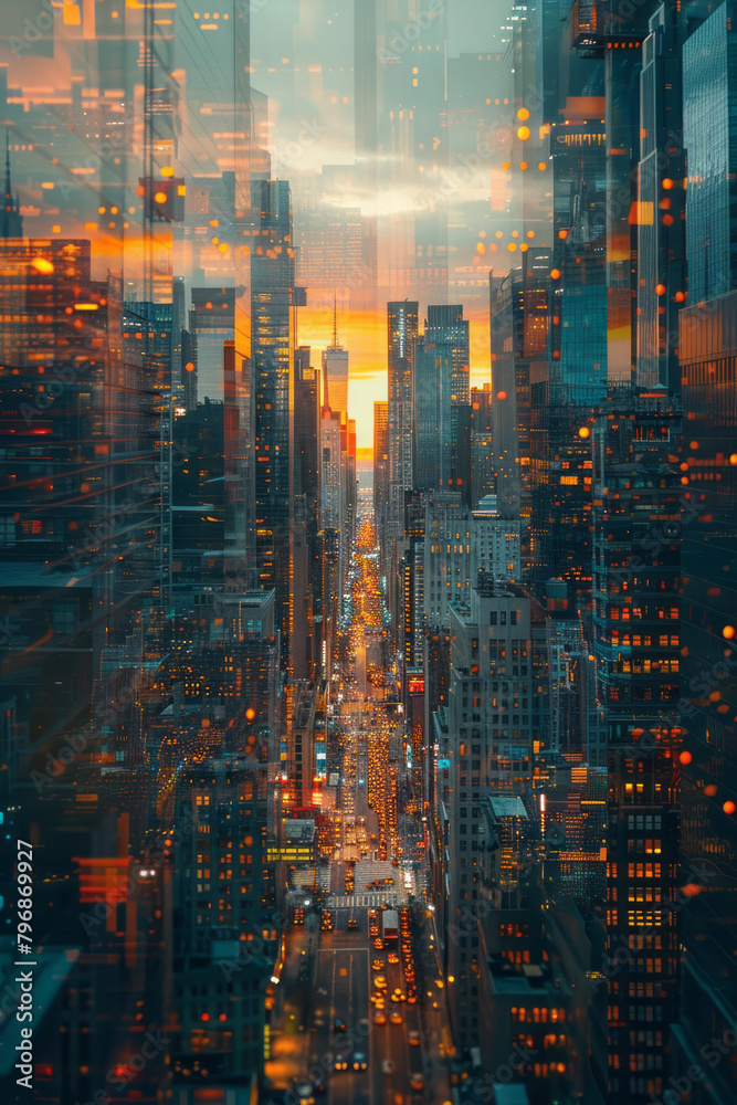 Aufkleber a digital skyline with buildings fragmenting into pixels, simulating a corrupted data file effect,