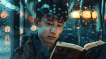 Obraz premium Train, travel and Asian man reading a book, raining and literature with adventure, knowledge and journey. Pensioner, transportation and guy with memoir, commute or relax with inspiration or storm
