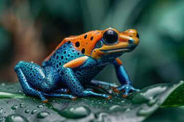 A colorful poison dart frog hopping along a wet leaf, its vivid colors a stark warning,