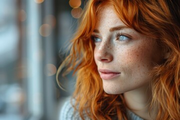 A woman with striking red hair and freckles peers out with a curious expression