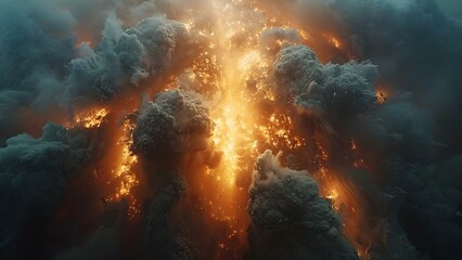 Aerial shot of ominous explosion cloud hinting at technological crisis or conflict. Concept Technology Crisis, Aerial Photography, Explosive Cloud, Ominous Atmosphere, Conflict Situation