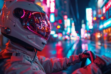 This image portrays a futuristic astronaut holding the steering wheel with a reflective visor in a vibrantly neon-lit street scene