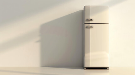 A vintage-looking refrigerator stands in a room with a blank wall behind it. The refrigerator is cream-colored and has two doors.