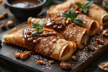 Exquisite food photography showcasing crepes beautifully adorned with chocolate sauce, nuts, and a touch of mint, evoking sophistication
