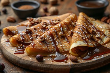 Crepes drizzled with caramel sauce and sprinkled with nuts and powdered sugar, served on a wooden plate