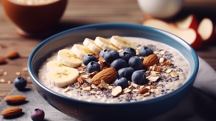 Oat porridge with banana, blueberry, walnut, chia seeds and almond milk for healthy breakfast or lunch. - obrazy, fototapety, plakaty