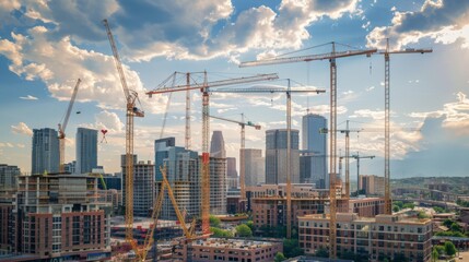 An urban skyline dotted with construction cranes, signaling the growth and expansion of a city through the development of new high-rise buildings.