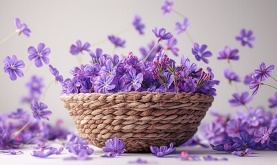 Lavender flower petals and flowers in a basket