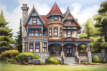 Fototapeta na wymiar Queen Anne Style House (Cartoon Colored Pencil)- Originated in England in the late 19th century, characterized by asymmetrical design, steep roofs, and decorative details such as spindles and brackets