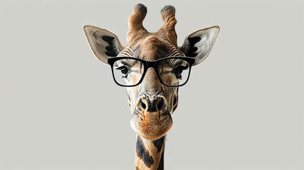 Close-up portrait of a giraffe wearing black eyeglasses. The giraffe is looking at the camera with...