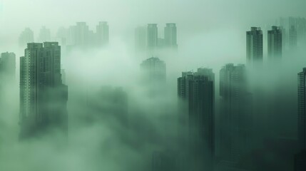 An urban skyline shrouded in fog, with the silhouette of high-rise buildings looming mysteriously in the mist, creating an atmospheric scene.