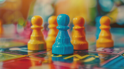 A blue pawn standing out from the yellow pawns in a colorful background.