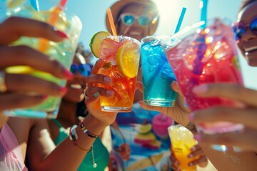 Close up of a group toasting with colorful drinks at a beach club depicting a summer party concept People holding glasses and straws in hand, in an outdoor lifestyle scene on a sunny day Generative AI