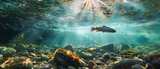 Underwater river view with clear water, swimming salmon, sunbeams.