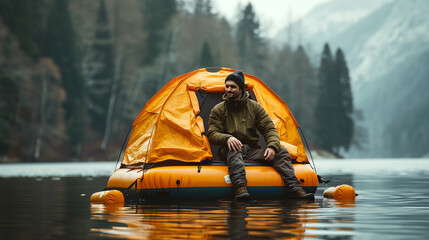 Adventurous Man in Hiking Gear Resting on Floating Tent Raft