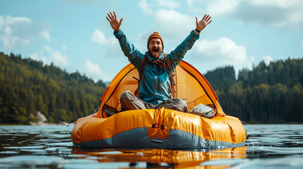 Joyful Man Celebrating Adventure on Floating Tent in Forest Lake