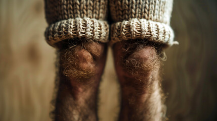 Close-Up of Man's Knees in Cozy Knitted Sweater, Warm Textured Detail