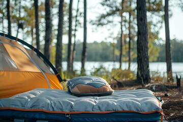 Essential Camping Gear: Tent, Mattress, and Pillow for a Cozy Outdoor Sleep. Concept Camping Gear, Outdoor Comfort, Sleeping Essentials, Cozy Campsite, Outdoor Relaxation - obrazy, fototapety, plakaty