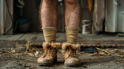 Rugged Boots and Worn Socks on Man, Story of Outdoor Work and Wear