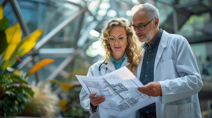 Senior Male Doctor and Female Colleague Reviewing Architectural Plans in Modern Hospital Environment