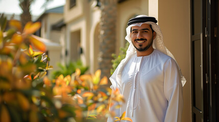 Beaming Emirati Man in Traditional Kandura Outside Luxurious Villa