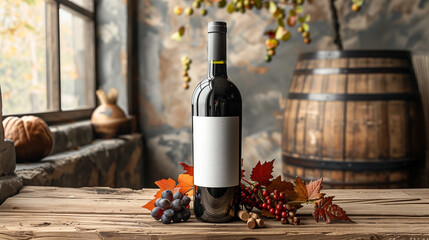 Elegant Wine Bottle with Blank Label, Autumn Vineyard Essence
