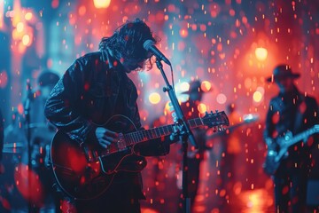 Musician playing guitar passionately during a live concert with vibrant red stage lights and...