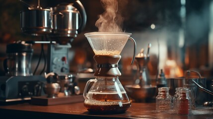 People use coffee making equipment and tools at home kitchens to brew hot coffee that drips into their cups.