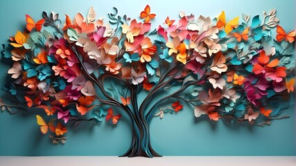 a wonderful butterfly tree's backdrop. Beautifully painted background of a colorful tree with vivid leaves hanging from its limbs. Beautiful colored 3D abstract wallpaper for interior wallpaper murals