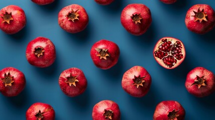 Flat lay pattern with summer citrus fruit on blue background. Array of whole pomegranates with one halved, showcasing seeds on a blue background. Perfect for health and nutrition themes.