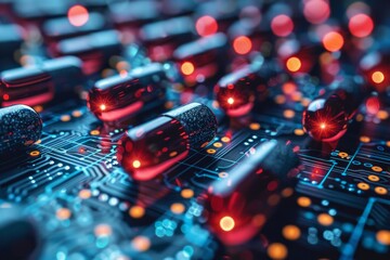 A vibrant and detailed depiction of a futuristic circuit board with glowing red elements signaling connectivity