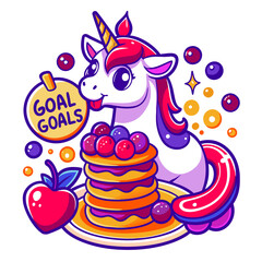 Unicorn sticker for a t-shirt with the unicorn balancing a stack of pancakes on its horn, surrounded by floating syrup bottles and berries, with the caption