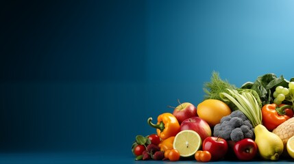 Photo of a colorful assortment of fruits and vegetables on a vibrant blue background with plenty of room for text or design elements with copy space.