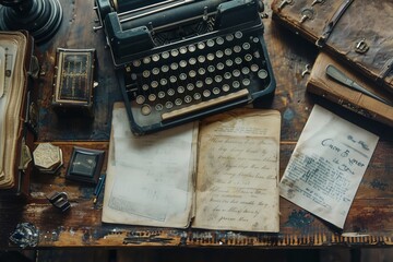 A messy wooden desk with an old typewriter, books, and papers. - obrazy, fototapety, plakaty