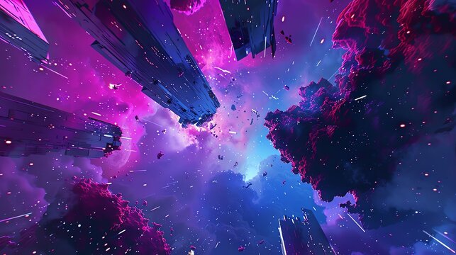 A dark and mysterious alien landscape with large, glowing crystals and a starry sky.