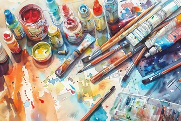 A watercolor painting of a messy artist's table with brushes and paints.