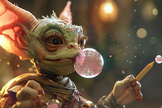A cute chameleon blowing a bubble.