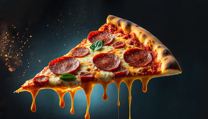 Triangular piece of pepperoni pizza levitating over black background. Tasty fast food. Delicious snack.