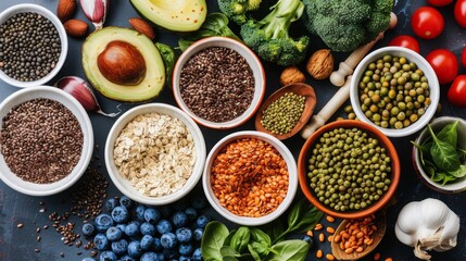 plant based vegan fresh foods, vegetables, salad, beans,  tomatos, paprika, avocado, wheat, diet, 16:9
