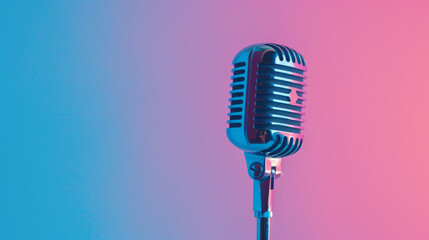 Blue retro microphone on a pink background.