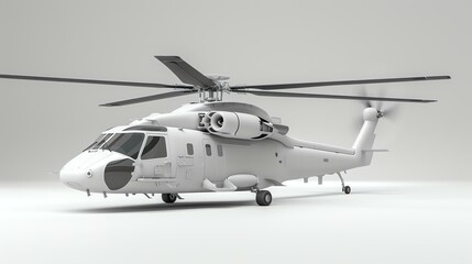 3D rendering of a military helicopter. The helicopter is painted in a light grey color and has a black propeller.