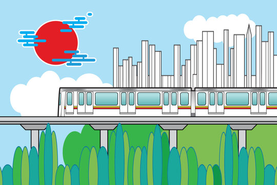 Overhead railway train or skytrain background with high rise buildings city view drawing in colorful cartoon vector