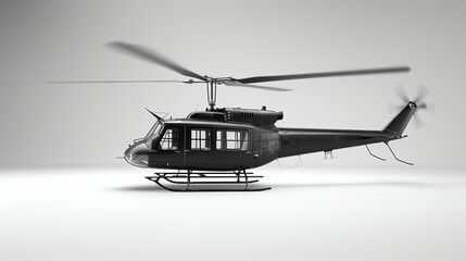 Black helicopter on a white background. The helicopter is sleek and powerful, with a long, streamlined body and a large, powerful engine.