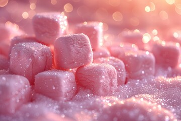 Close-up of pink sugar cubes sparkling with a soft bokeh background, evoking a sweet and magical vibe