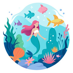 Naklejka na ściany i meble Whimsical design showcasing a fantastical underwater world, where mermaids swim gracefully among colorful coral reefs