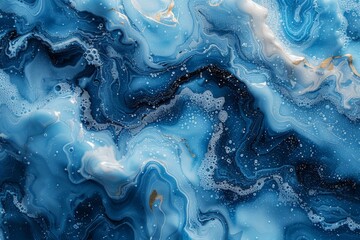 The stunning abstract features the swirling dance of blue currents accented with white and gold
