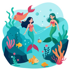 Fototapeta premium Whimsical design showcasing a fantastical underwater world, where mermaids swim gracefully among colorful coral reefs