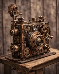 Retrofuturistic mechanical camera, steampunk inspired technological marvel, Generative AI.