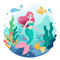 Obraz na płótnie Canvas Whimsical design showcasing a fantastical underwater world, where mermaids swim gracefully among colorful coral reefs